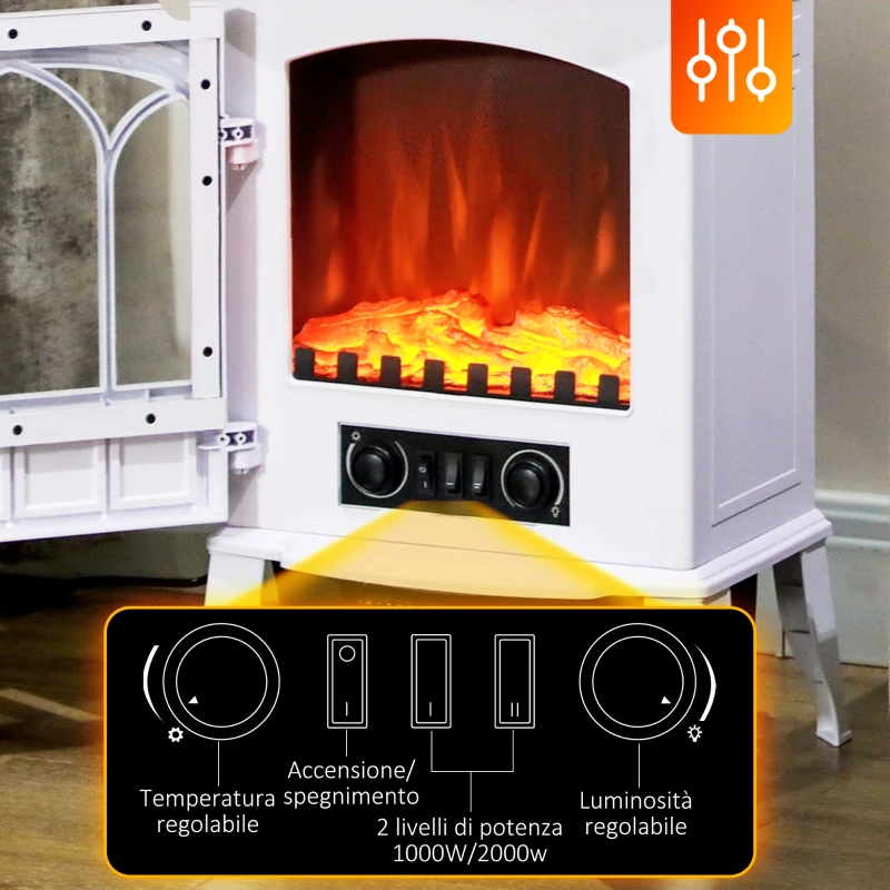 HOMCOM Camino da Terra Elettrico Potenza 1000W / 2000W con Effetto Fiamma Regolabile, 39x23x56.5cm, Bianco