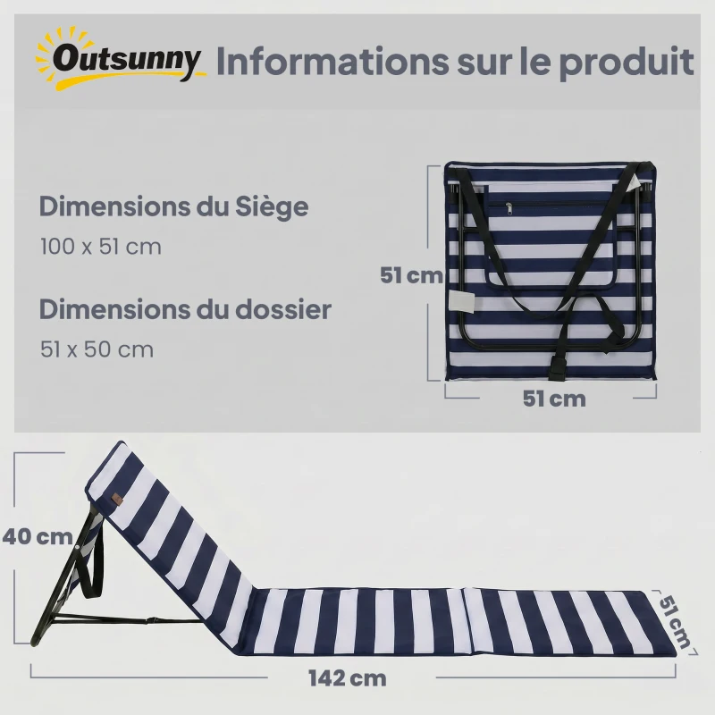 Outsunny Lot de 2 tapis de plage rembourré dossier inclinable multi-positions sangle de transport inclus métal polyester