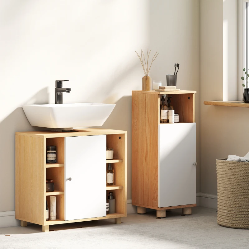 HOMCOM Mobile Sottolavabo Bagno con Armadietto a 2 Ante Soft-Close e 6 Ripiani Aperti, 60x33x57cm, Bianco