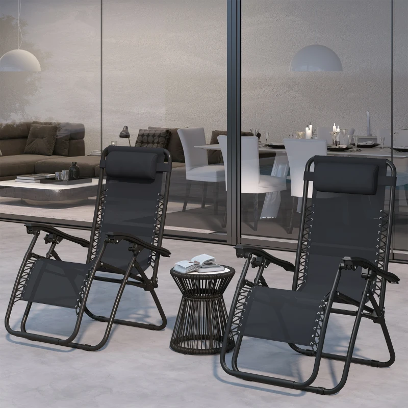 Outsunny Zero Gravity Chair Set of 2, Metal Frame Texteline Armchair Outdoor Folding and Reclining Sun Lounger with Head Pillow for Patio Decking Gardens Camping, Black