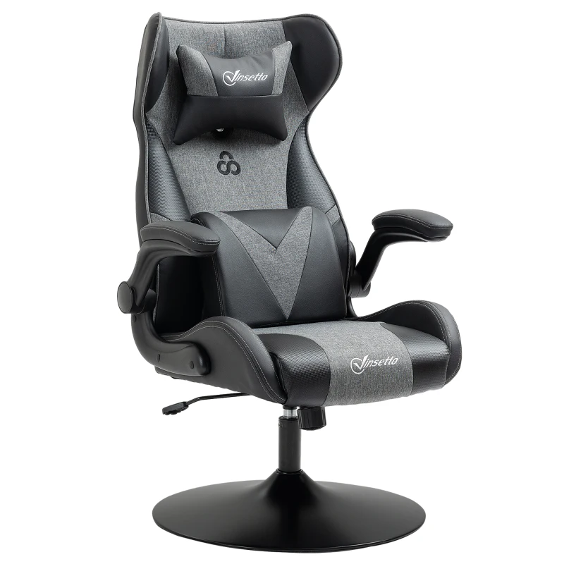 Vinsetto Chaise de gaming ergonomique avec base ronde hauteur réglable accoudoir relevable coussins tétière et lombaires PU gris noir(m-12)