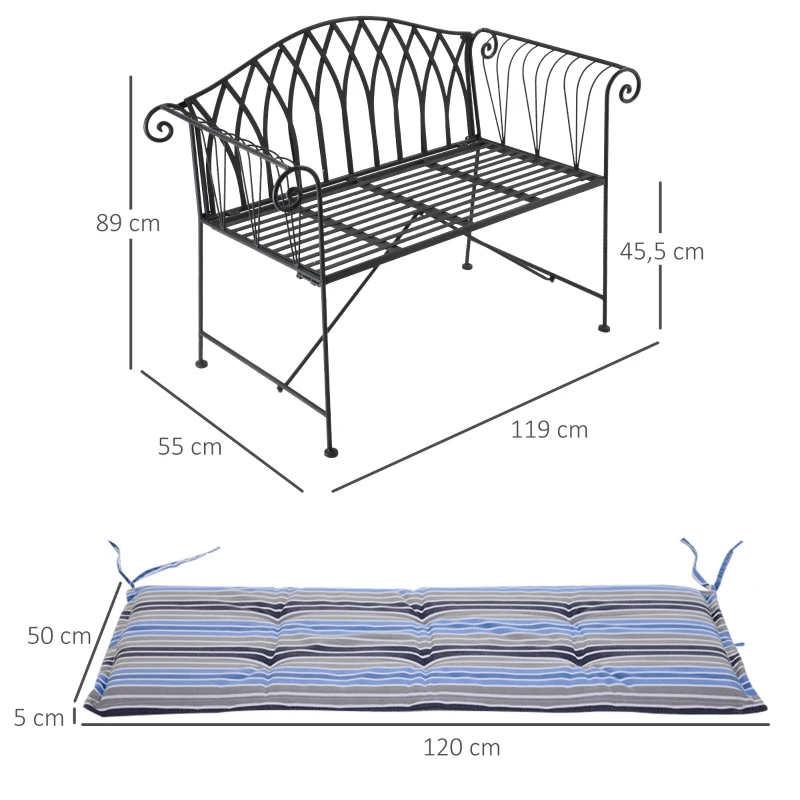 Outsunny Ensemble de banc de Jardin 2 places et de 2 coussins matelas assise - métal façon fer forgé et polyester