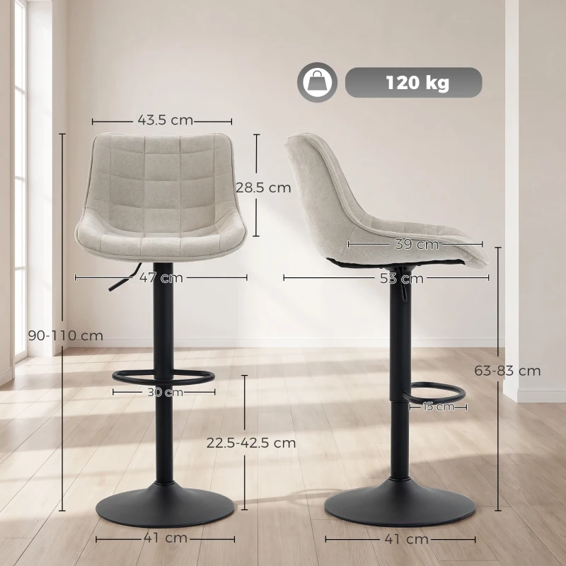 HOMCOM Set de 2 Scaune de Bar rotative și Reglabile, Alb Crem