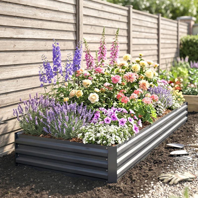 Outsunny Stalen verhoogde plantenbak, open bodem, eenvoudige montage, 95L x 90,5B x 29,8H cm, Grijs