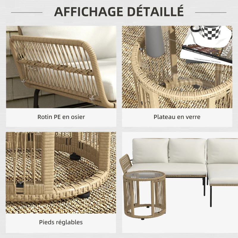 Outsunny Salon de jardin extérieur d'angle 3 places en résine tressée avec canapés, chaise longue, table basse et coussins, crème