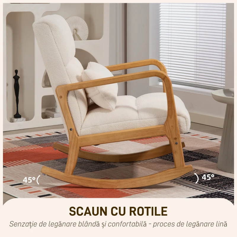 HOMCOM Fotoliu Balansoar 90°-130° cu Pernă Lombară, Acoperit cu Material Textil Sherpa, 64.5x82x89 cm, Alb și Lemn Natur
