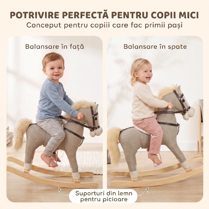AIYAPLAY Cal Balansoar pentru Copii cu Bază din Lemn, Sunete și Mânere de Siguranță, 12-36 Luni, Gri