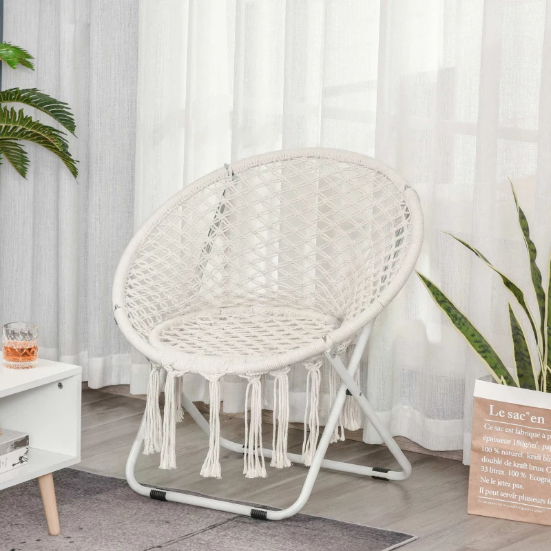 Outsunny Loveuse fauteuil rond de jardin fauteuil lune papasan pliable grand confort macramé coton polyester beige