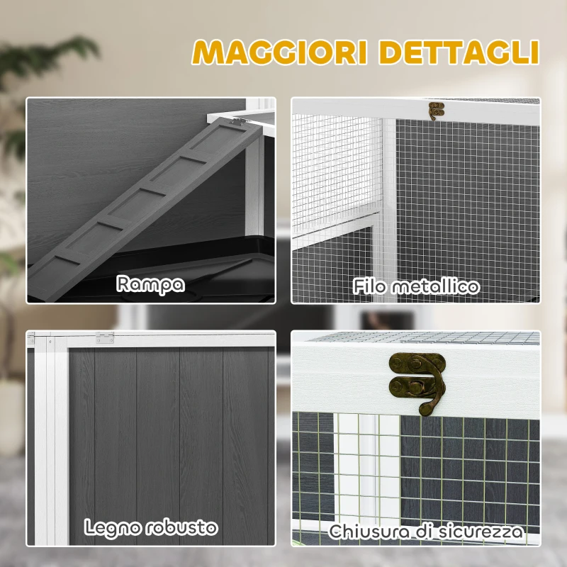 PawHut Gabbia per Conigli e Criceti da Interno Rialzata con Vassoio Estraibile e Tetto Apribile, Grigio
