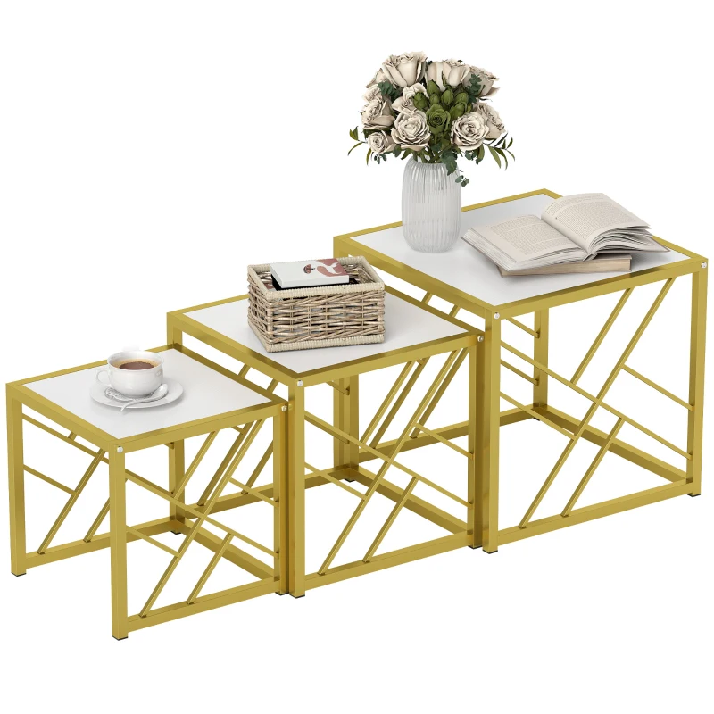 HOMCOM Nesting Coffee Tables, Set of 3 Square Side Tables with Gold Metal Frame, for Living Room, Bedroom and Office, White