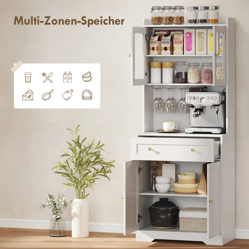 HOMCOM Keukenkast met werkblad, wijnglashouder, voorraadkast voor keuken, eetkamer, 170 cm, MDF, glas, wit(m-4)