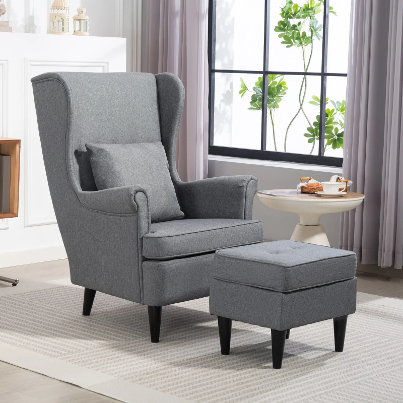 HOMCOM Fotoliu pentru Living din Material Textil cu Taburet pentru Picioare, Spătar Înalt și Pernă, 75x83x104 cm, Gri