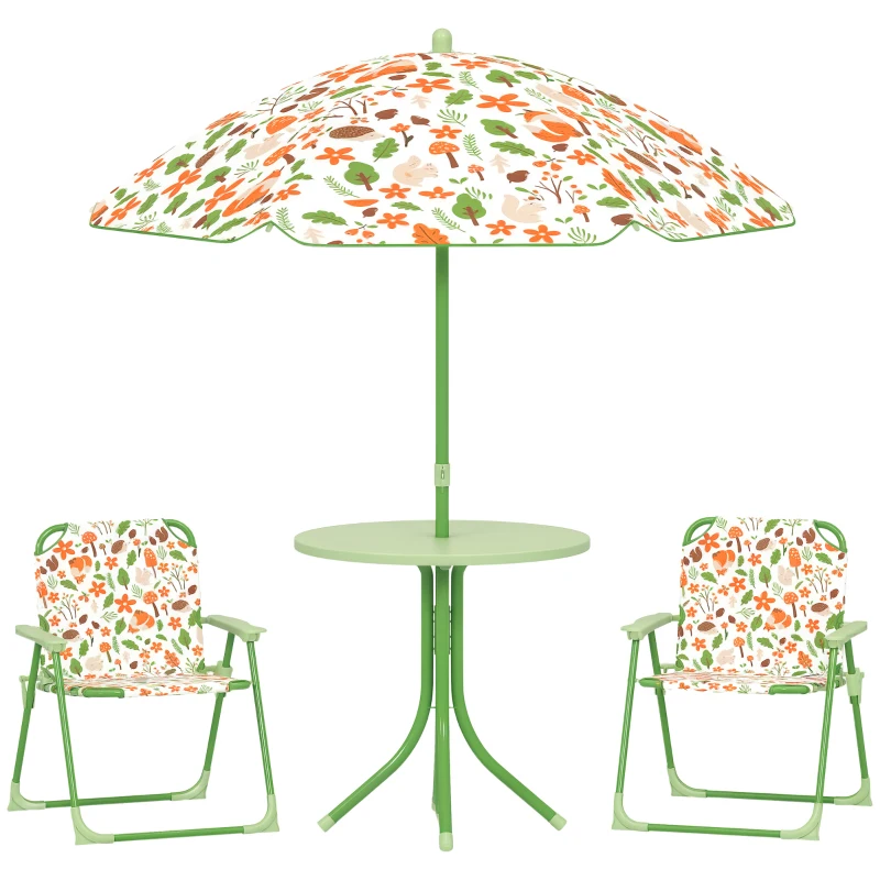 AIYAPLAY Ensemble salon de jardin extérieur enfant 4 pièces, motif éléphant et girafe, parasol réglable Ø 100 cm, chaise pliable
