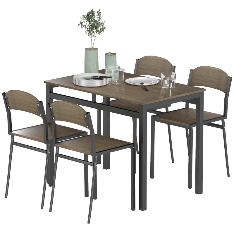HOMCOM Conjunto de Mesa y 4 Sillas de Comedor para 4 Personas, Estilo Moderno con Estructura Metálica, Marrón Oscuro y Negro