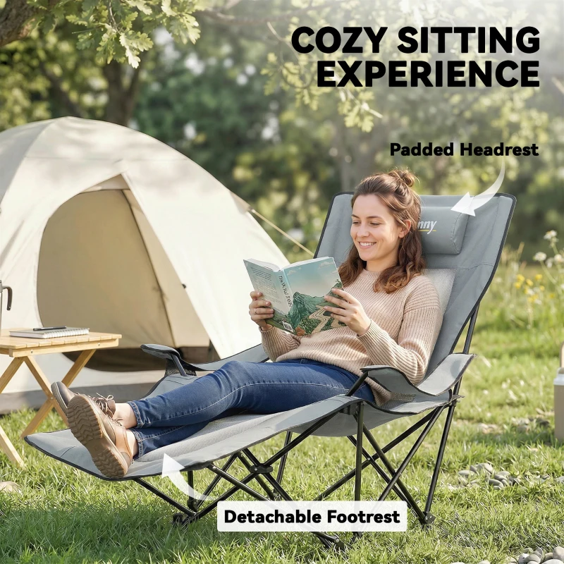 Outsunny Camping Chair Reclining Portable Camp Chair with Detachable Footrest Cup Holder Grey