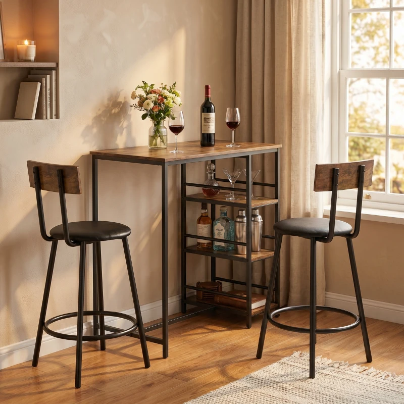 HOMCOM Space Saving Bar Table and PU Leather Stools for 2, 3 Piece Breakfast Bar Table Set with Storage Shelves, Rustic Brown