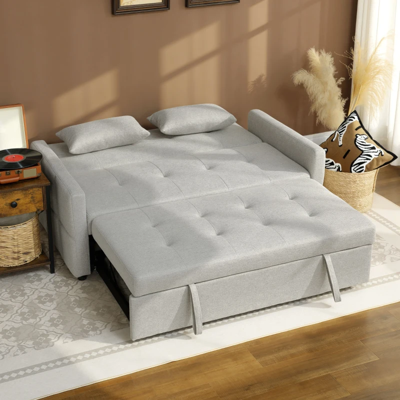 HOMCOM Canapea de 2 Locuri Convertibilă în Pat Clic Clac cu 2 Perne din Material Textil, Maro Deschis