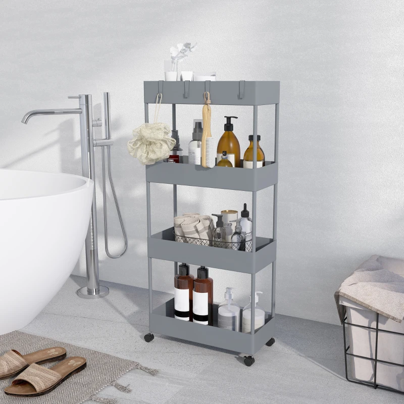 HOMCOM Carro de Cocina de 4 Niveles Carrito Auxiliar con Ruedas 4 Cestas y 4 Ganchos Extraíbles para Salón 40x19x90 cm Gris