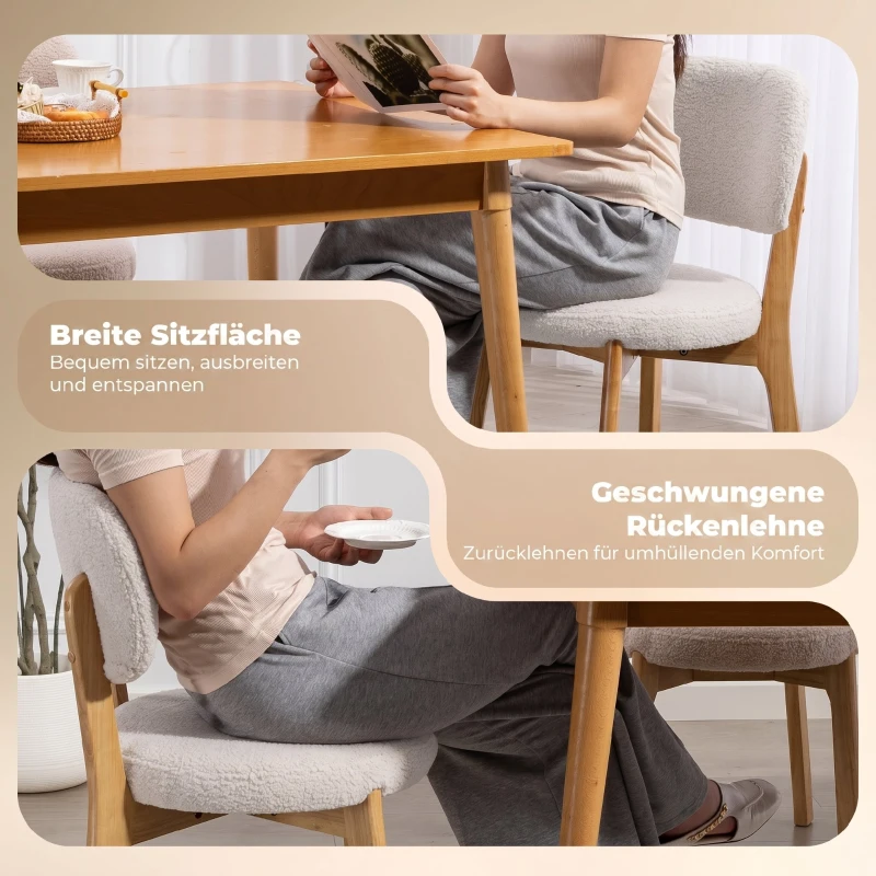 HOMCOM Eetkamerstoelen 2 stuks, Stoel met Brede Zitting en Gebogen Rugleuning, voor Woonkamer en Eetkamer, Crème