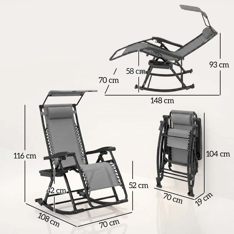 Outsunny Garden Rocking Chair Folding Recliner Outdoor Adjustable Sun Lounger Rocker Zero-Gravity Seat with Headrest Side Holder Patio Deck - Grey