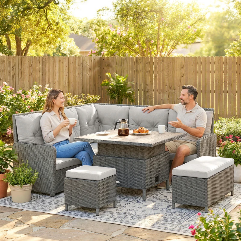 Outsunny 6 Pieces Outdoor PE Rattan Garden Furniture, Patio Wicker Sectional Conversation Corner Sofa