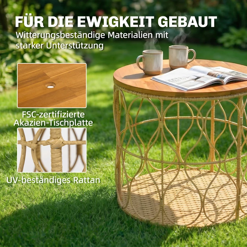 Outsunny Bijzettafel Ø50 cm weerbestendig Tuintafel met rotanlook Acaciahouten tafelblad verstelbare voetjes Teak