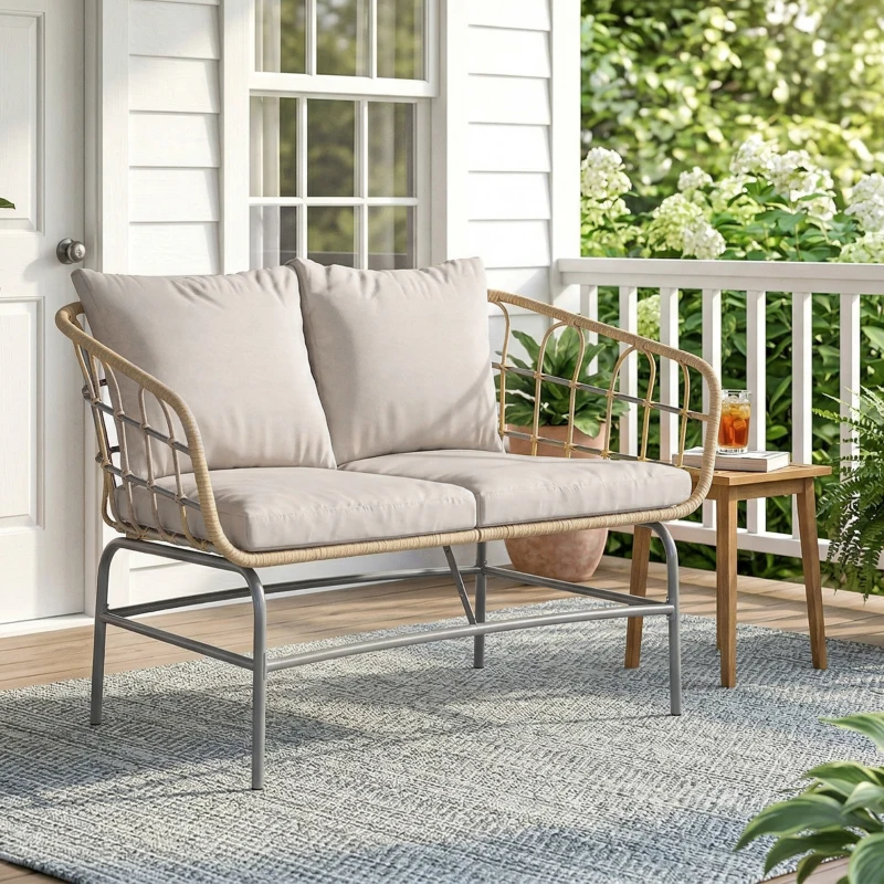 Outsunny Canapé de Jardin 2 Places en Résine Tressée Coussins Épais Anti-glisse 120 x 67 x 79 cm Marron