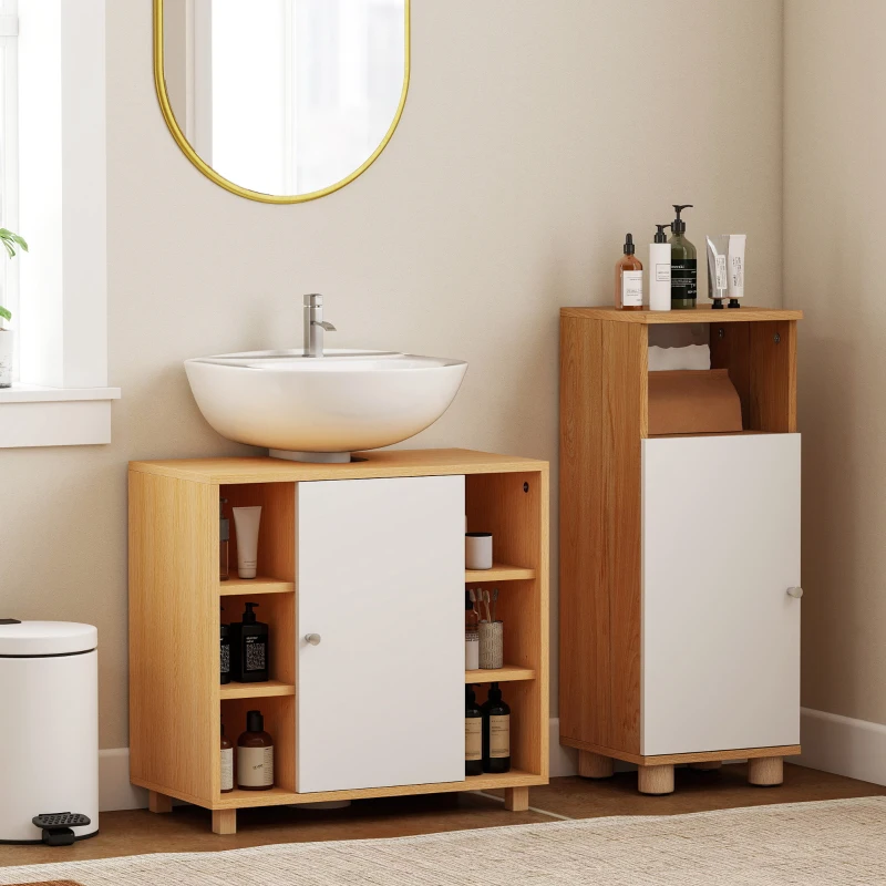 HOMCOM Mobile Sottolavabo Bagno con Armadietto a 2 Ante Soft-Close e 6 Ripiani Aperti, 60x33x57cm, Bianco