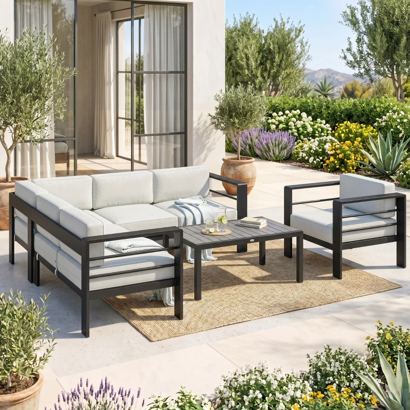 Outsunny 5-Piece Garden Corner Sofa Set with Cushions, 6 Seater Aluminium Garden Furniture Set with Coffee Table, Light Grey