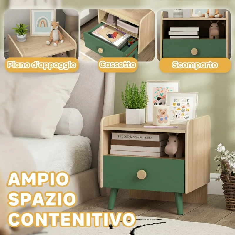 AIYAPLAY Comodino con Cassetto per Bambini 3-10 Anni in Legno e Legno di Pino, 40x32.5x40 cm, Verde