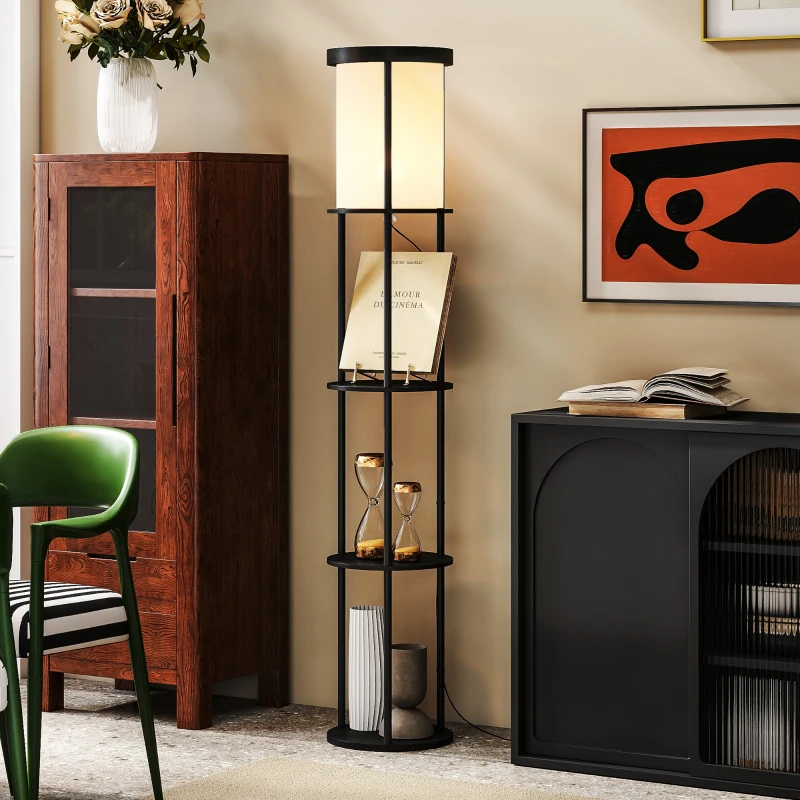 HOMCOM Stehlampe mit 3 Regalen, rundes Design, Fernbedienung, Fußschalter, verstellbare Lichtwärme, für Wohnzimmer, Schwarz