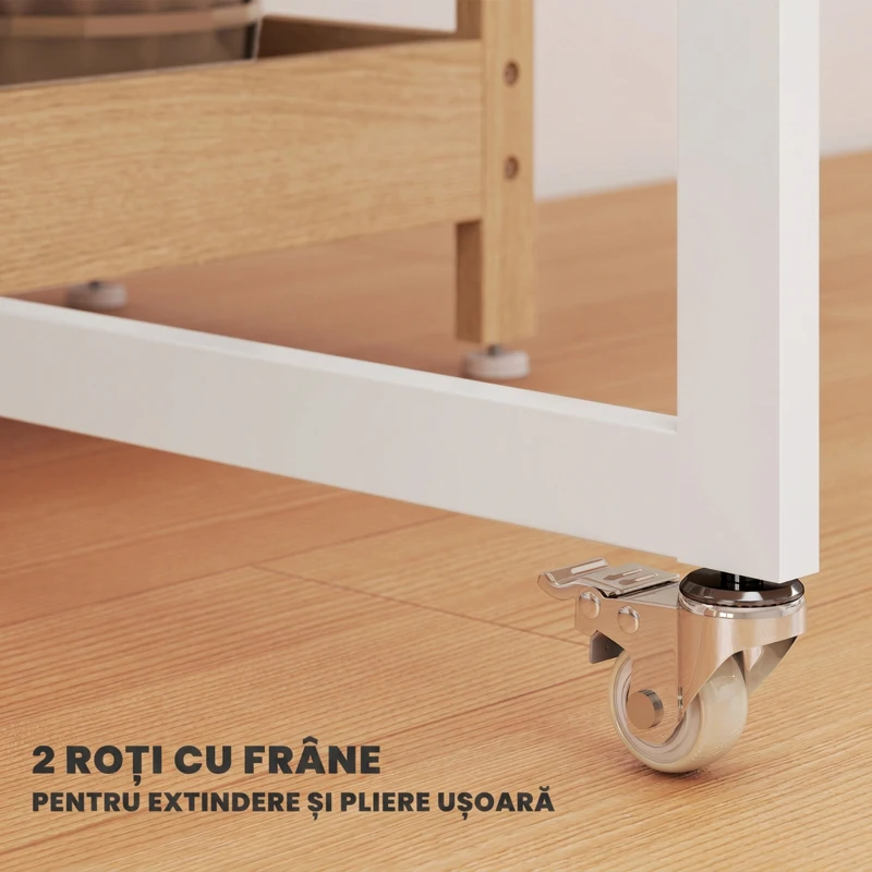 HOMCOM Masă Pliabilă cu Roți, Extensii Laterale Rabatabile și Compartimente Deschise, Natur