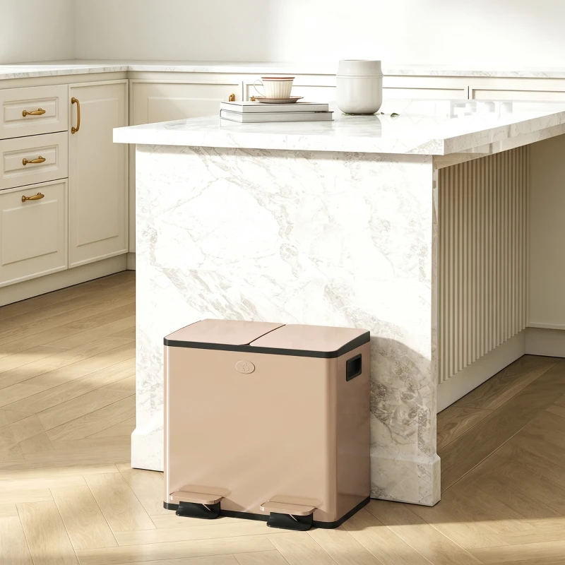HOMCOM 30L Dual Compartment Stainless Steel Bin, with Deodoriser Holders - Gold Tone