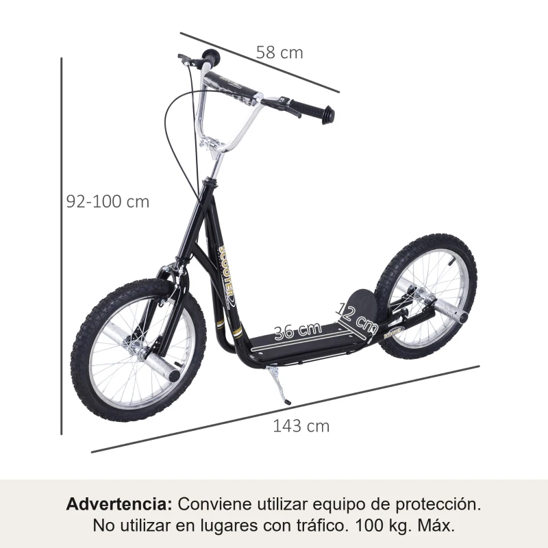 HOMCOM Patinete Scooter para Niños de +5 Años con Neumáticos Inflables Grandes de 16 Pulgadas con Frenos y Manillar Ajustable en Altura 143x58x92-100 cm Negro