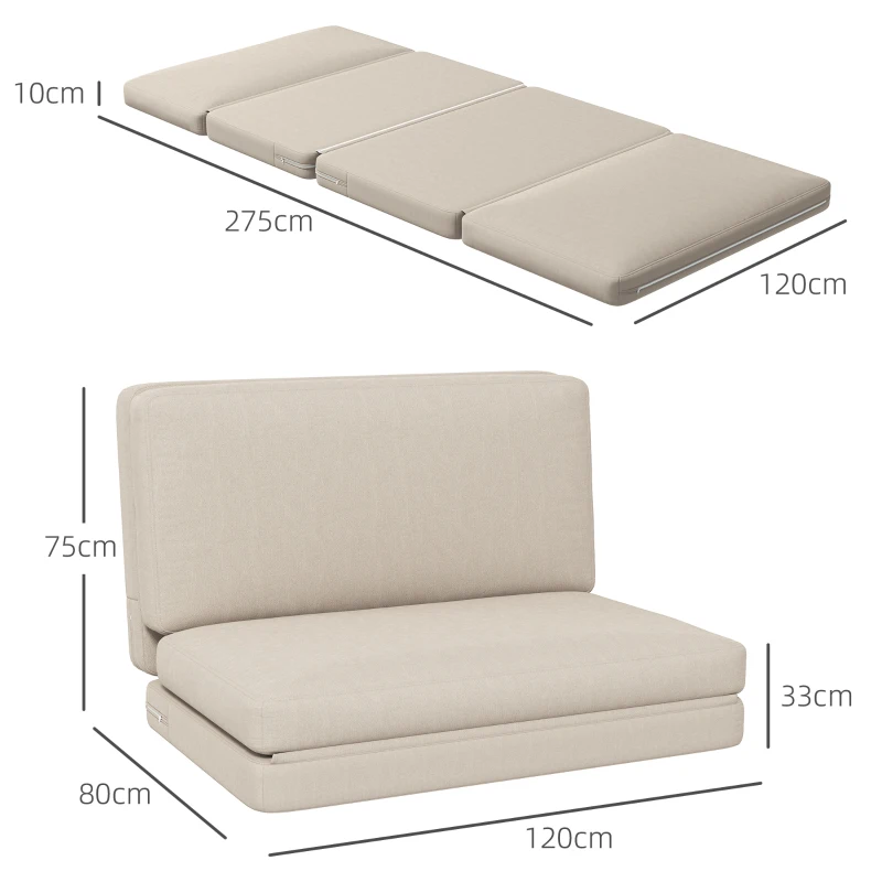 HOMCOM 2-in-1 Opvouwbare Relaxfauteuil, Gastenmatras, Deelbaar, 120 cm Breed, Beige(m-3)
