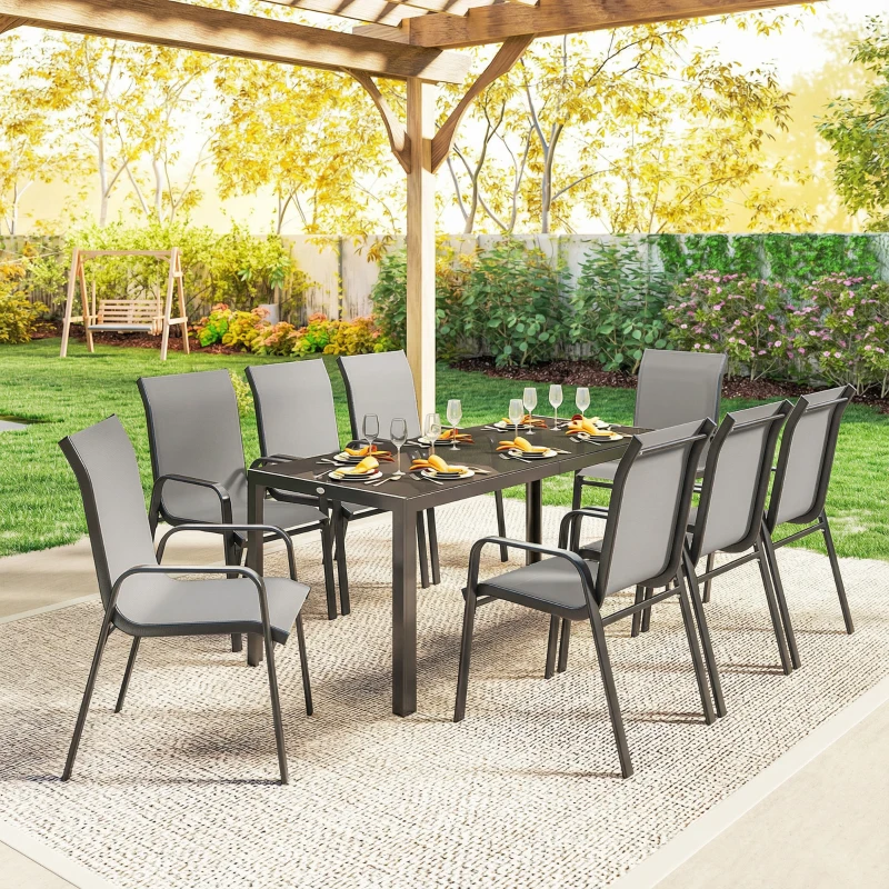Outsunny Set da Esterno 9pz con 8 Sedie Impilabili in Texteline e Tavolino da Caffè con Piano in Vetro, Grigio Chiaro