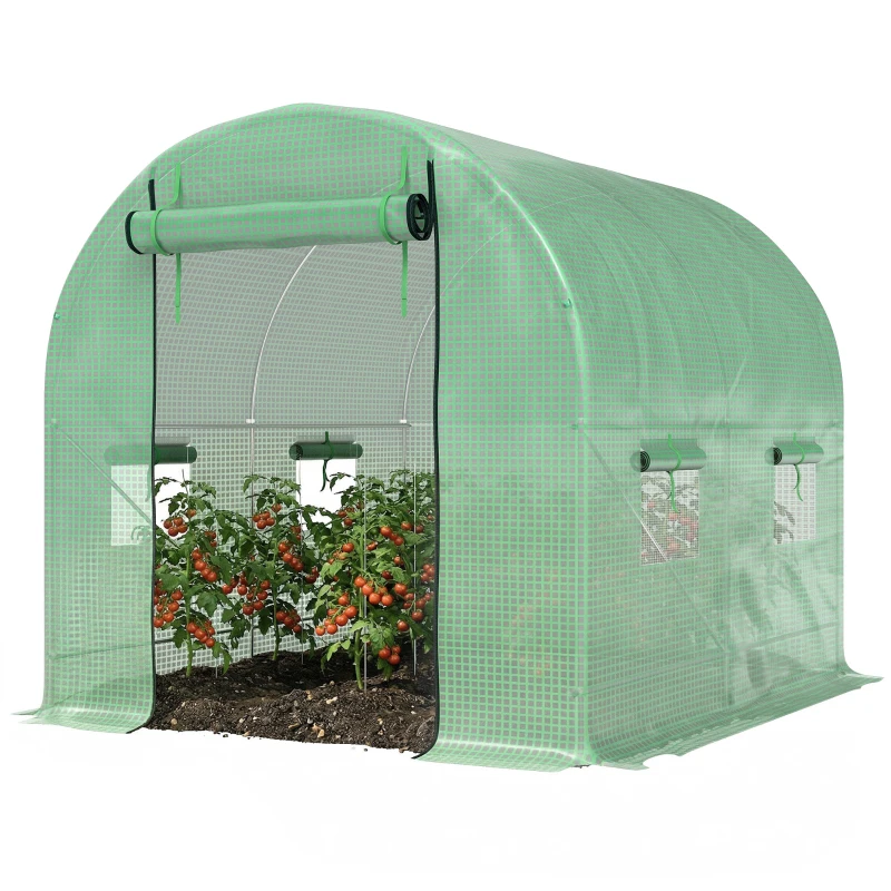 Outsunny Walk-In Garden Polytunnel Greenhouse with Steel Frame, PE Cover, Roll-Up Door and 4 Windows, 2.5 x 2m, Green