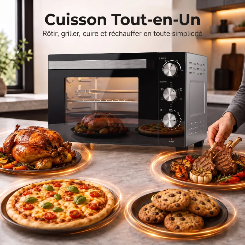 HOMCOM Mini-Four avec Broche Rotative 36L 1500 W, Four à Convection Multifonction, Chaleur Tournante, Minuterie 60 min, Argenté