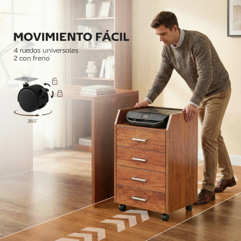 Vinsetto Cajonera de Escritorio con Ruedas Cajonera de Oficina con 4 Cajones Archivador Móvil para Estudio 40x36x65 cm Marrón