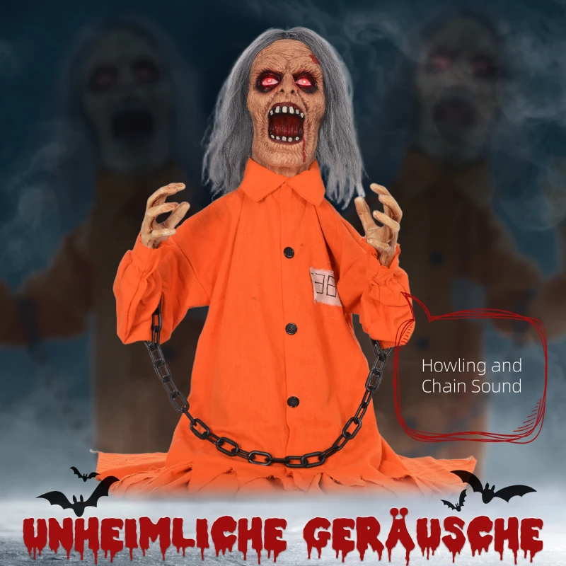 HOMCOM Geest van de Gevangene, Halloween deco, griezelige geluiden, rode ogen, beweegbaar, Oranje