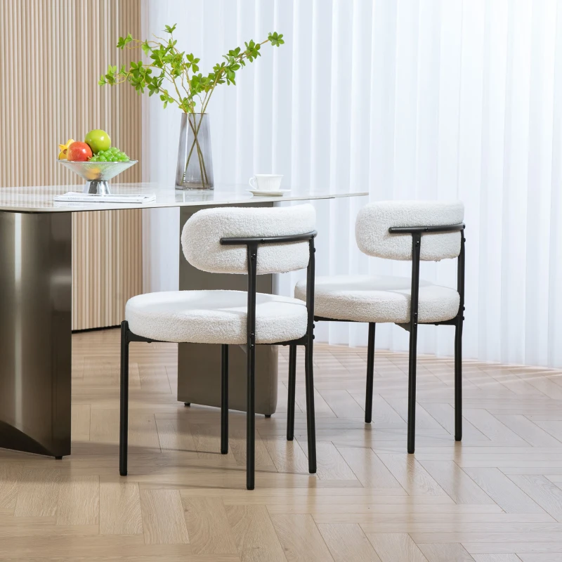 HOMCOM Set van 2 Eetstoelen, Fleece-bekleding, Stoelen met Beklede Zitting, Metalen Poten, Crème