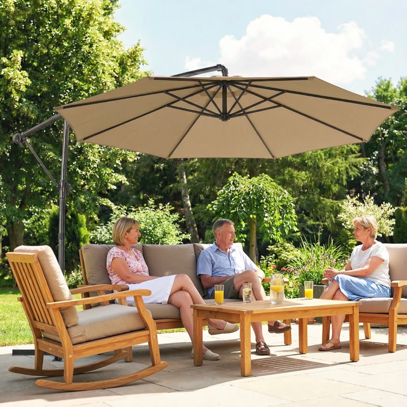 Outsunny Parasol déporté rond 3 m, parasol de jardin inclinable avec housse de protection, polyester protection UV UPF50+, kaki