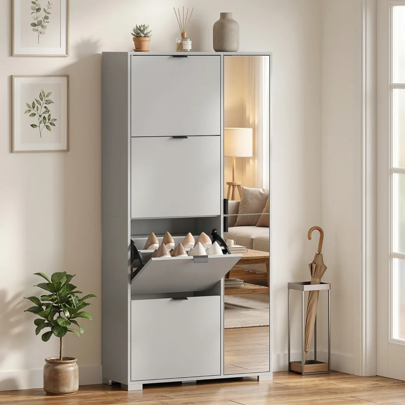 HOMCOM Scarpiera con Specchio, 4 Cassetti Ribalta, Scarpiera Ingresso, Grigio