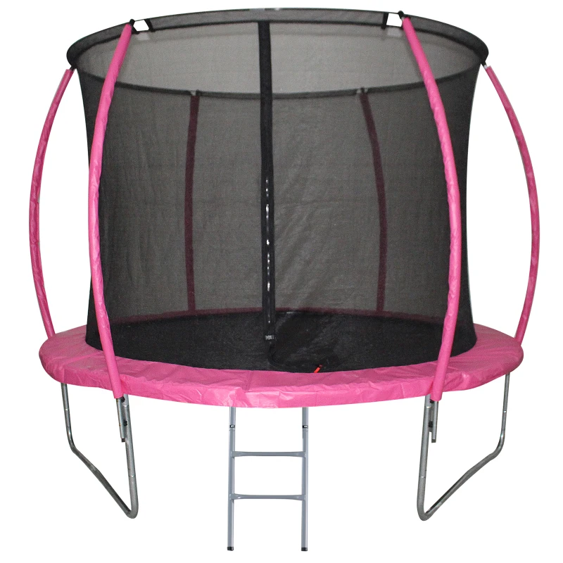 HOMCOM Cama Elástica Multifuncional Estable para Exterior e Interior Patio Gimnasio Trampolín Grande con Red Seguridad y Escalera Carga 100kg para Adultos y Niños Φ244x205 cm Rosa