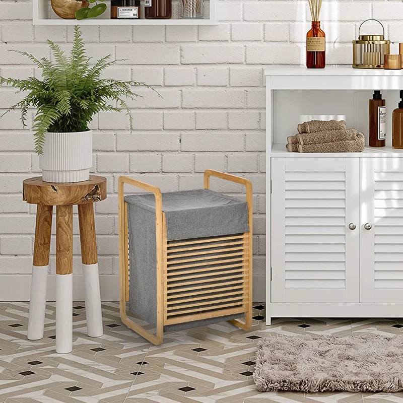 HOMCOM Cesto para Ropa Sucia de Bambú Cesto Rectangular de Ropa Portátil con Tapa y Bolsa Extraíble Mueble de Baño Dormitorio 40x35,5x60,5 cm Color Natural y Gris
