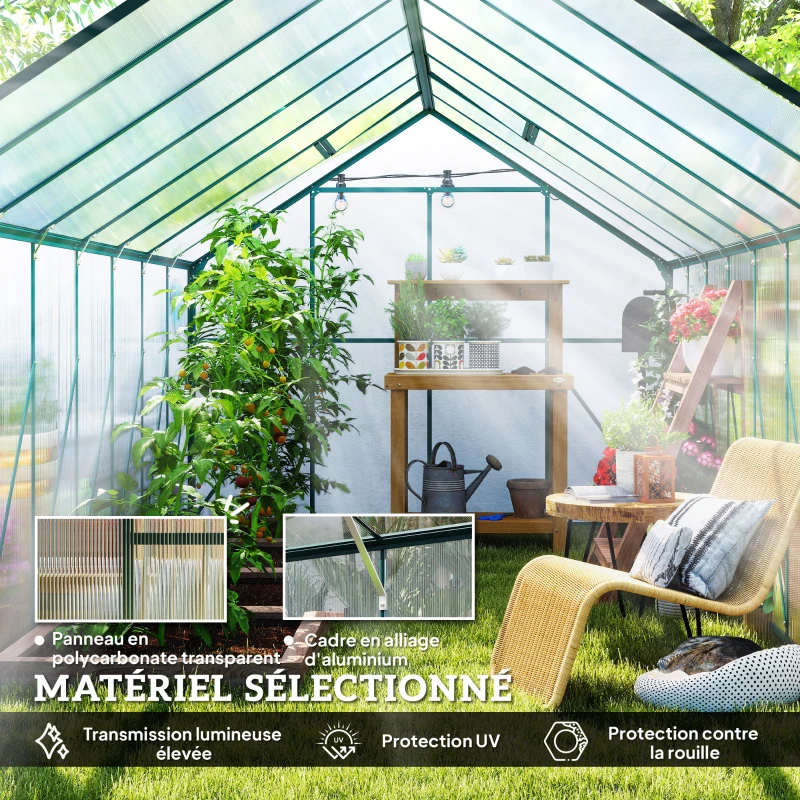 Outsunny Serre de jardin en aluminium polycarbonate avec fondation, serre avec fenêtre réglable porte coulissante 244x500x216cm