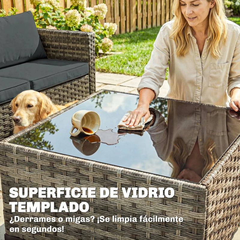 Outsunny Conjunto de Jardín Exterior de Ratán 5 Piezas con Cojines 2 Sillones de Esquina Sillón sin Brazos Reposapiés y Mesa