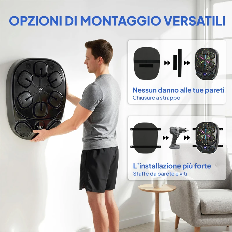 SPORTNOW Macchina da Boxe Musicale a Parete con 9 Modalità, Luci LED e Connessione Bluetooth, 61x48x11 cm, Nero