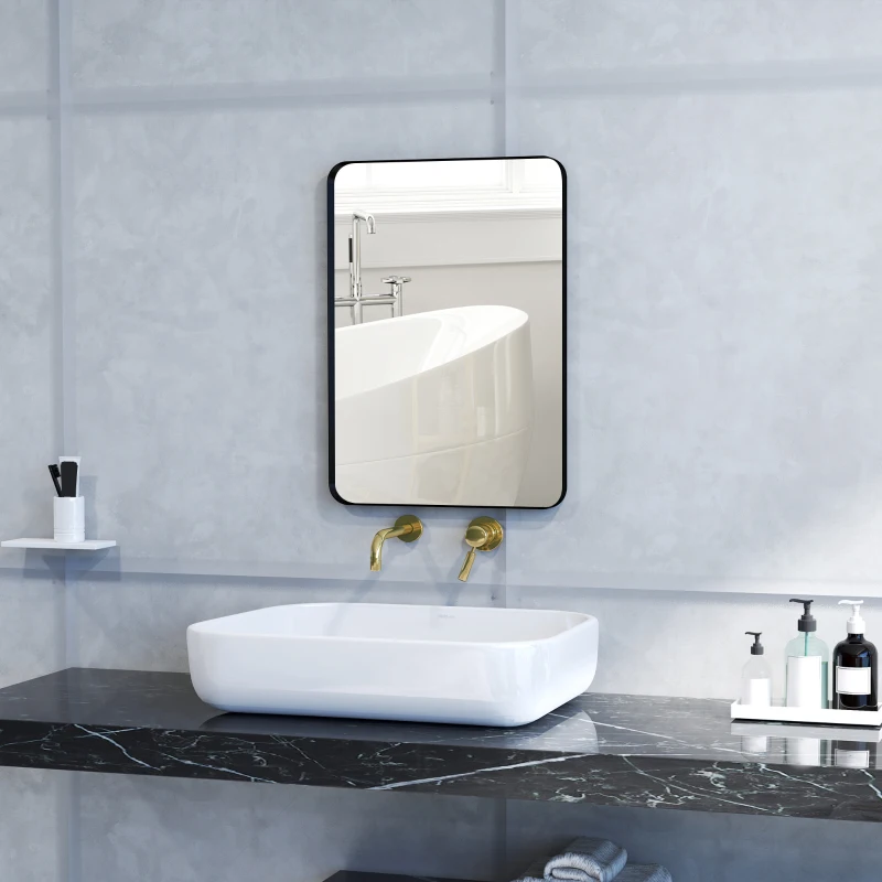 HOMCOM Miroir murale miroir salle de bain rectangulaire avec cadre en alliage d'aluminium noir pour chambre, salon 50 x 70 cm