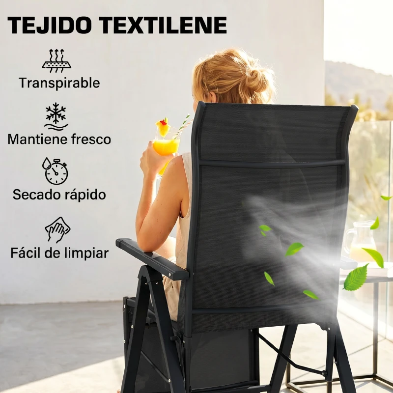Outsunny Silla Reclinable Plegable de Jardín con Respaldo Ajustable en 9 Posiciones y Cojín Lumbar 70x65x111 cm Negro